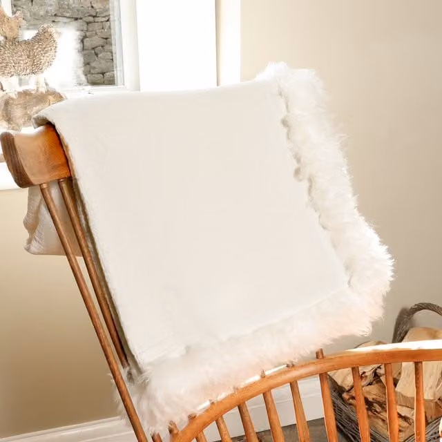 Native Natural White Woven Linen Blanket with Sheepskin Trim