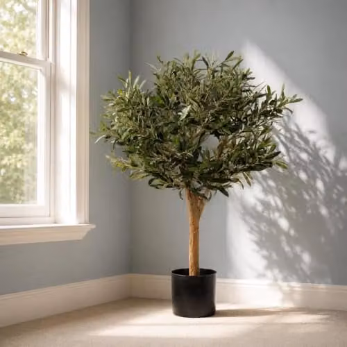 Leaf Design UK Green Artificial Olive Tree in a Black Plastic Pot, H 90 cm x W 50 cm x D 50 cm