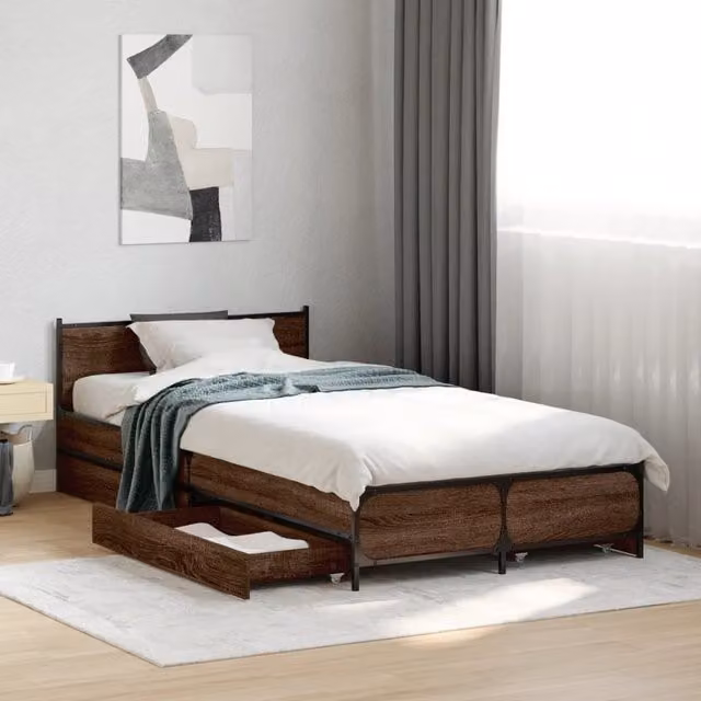 Berkfield Home Small Single Bed Frame with Drawers, Brown Oak