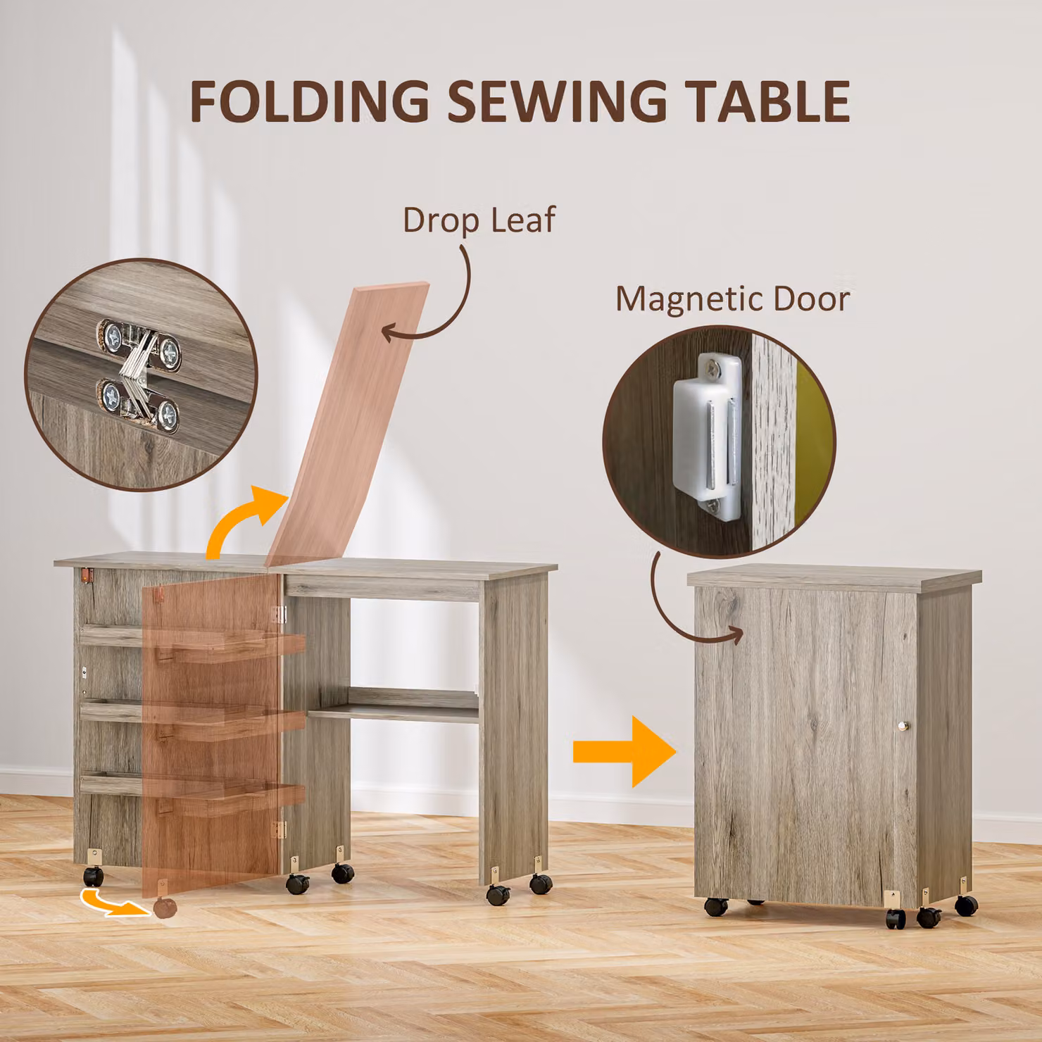 HOMCOM Grey Folding Sewing Table with Drop Leaf, Storage Bins, Open Shelf and Castors – 3