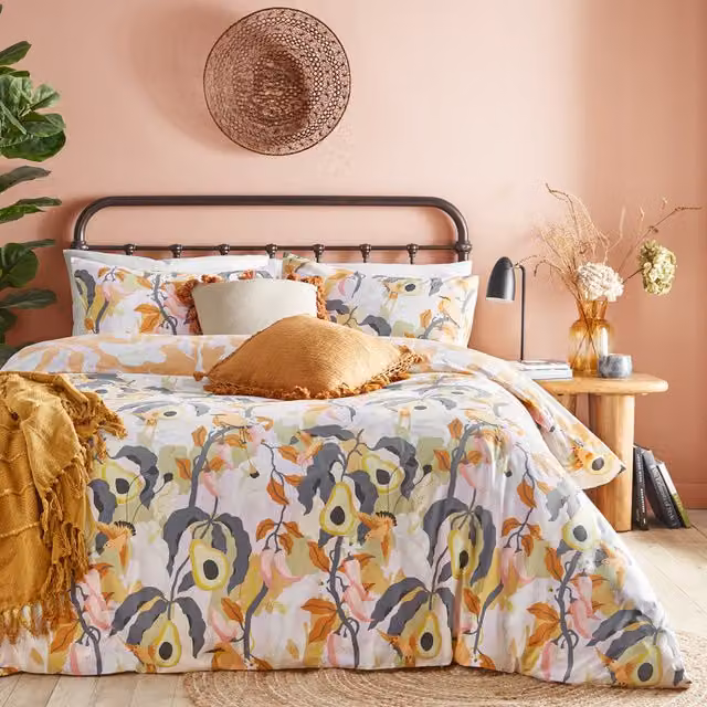 Huerta Tropical Reversible Duvet Cover Set in Mango, Yellow and Multicolour Boho Floral Design