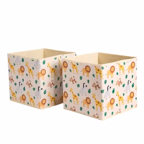 OHS Set of 2 Foldable Safari Print Storage Cubes for Children, Beige – 1
