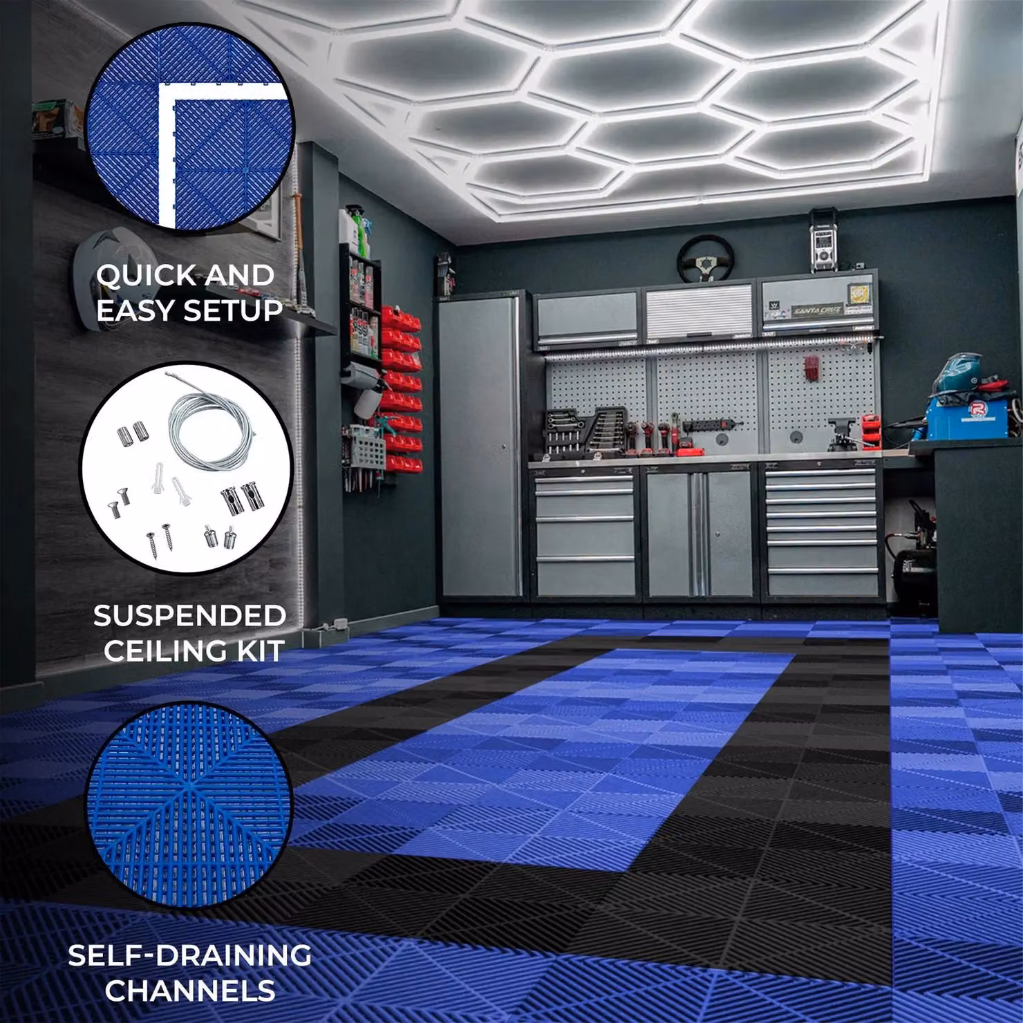 Monstershop Hexagon LED Light and Vented Garage Floor Tiles with Edges, Blue and Black, 90 Pack – 1