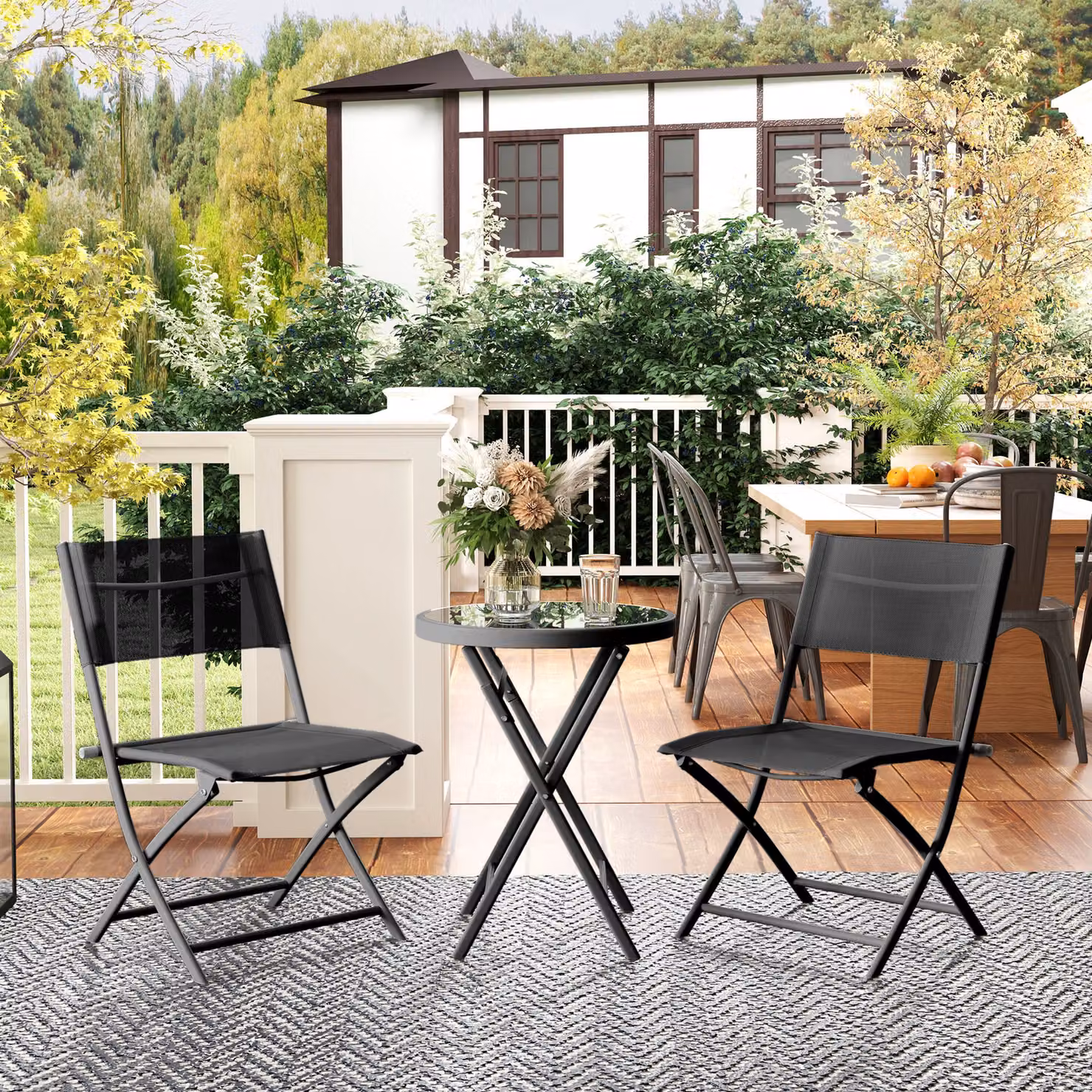Outsunny 3 Piece Outdoor Bistro Set with Round Glass Top Table and 2 Folding Chairs in Black – 2