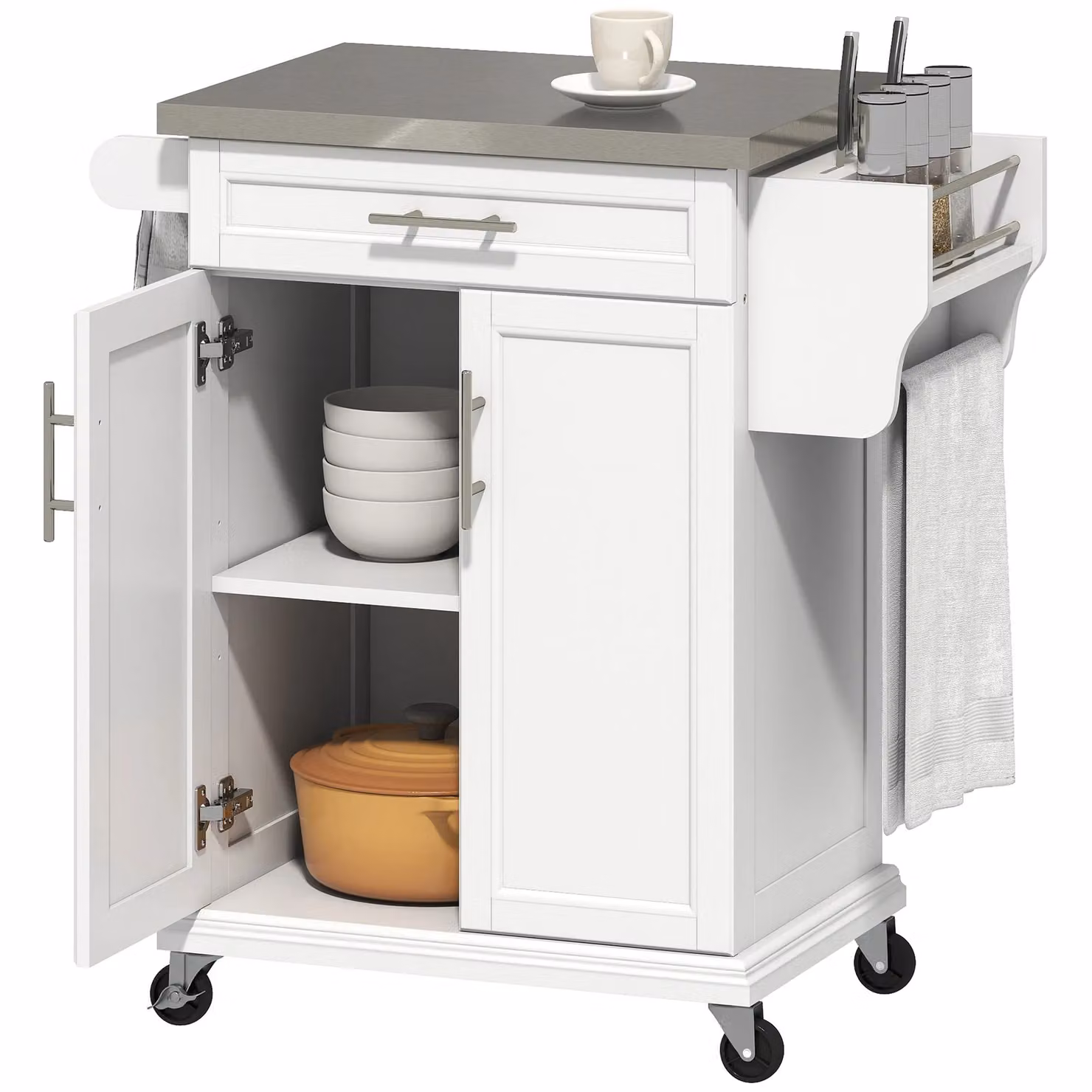 HOMCOM White Kitchen Cart Storage Trolley with Metal Frame, Drawers and Hinged Doors – 2