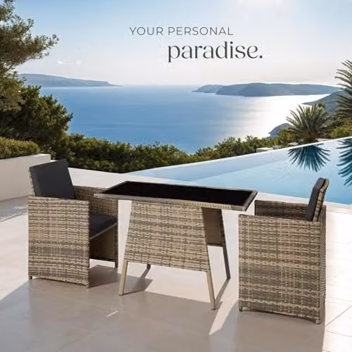 tectake Rattan Bistro Set with 2 Chairs and 1 Glass Top Table in Natural Brown – 7