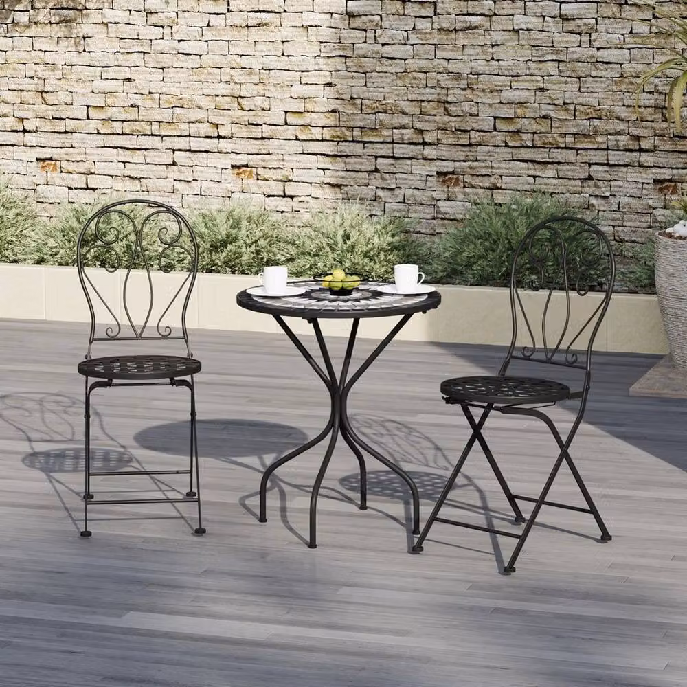 Kelvenix Mosaic Round Bistro Table and 2 Chairs Set in Black, White and Grey – 2