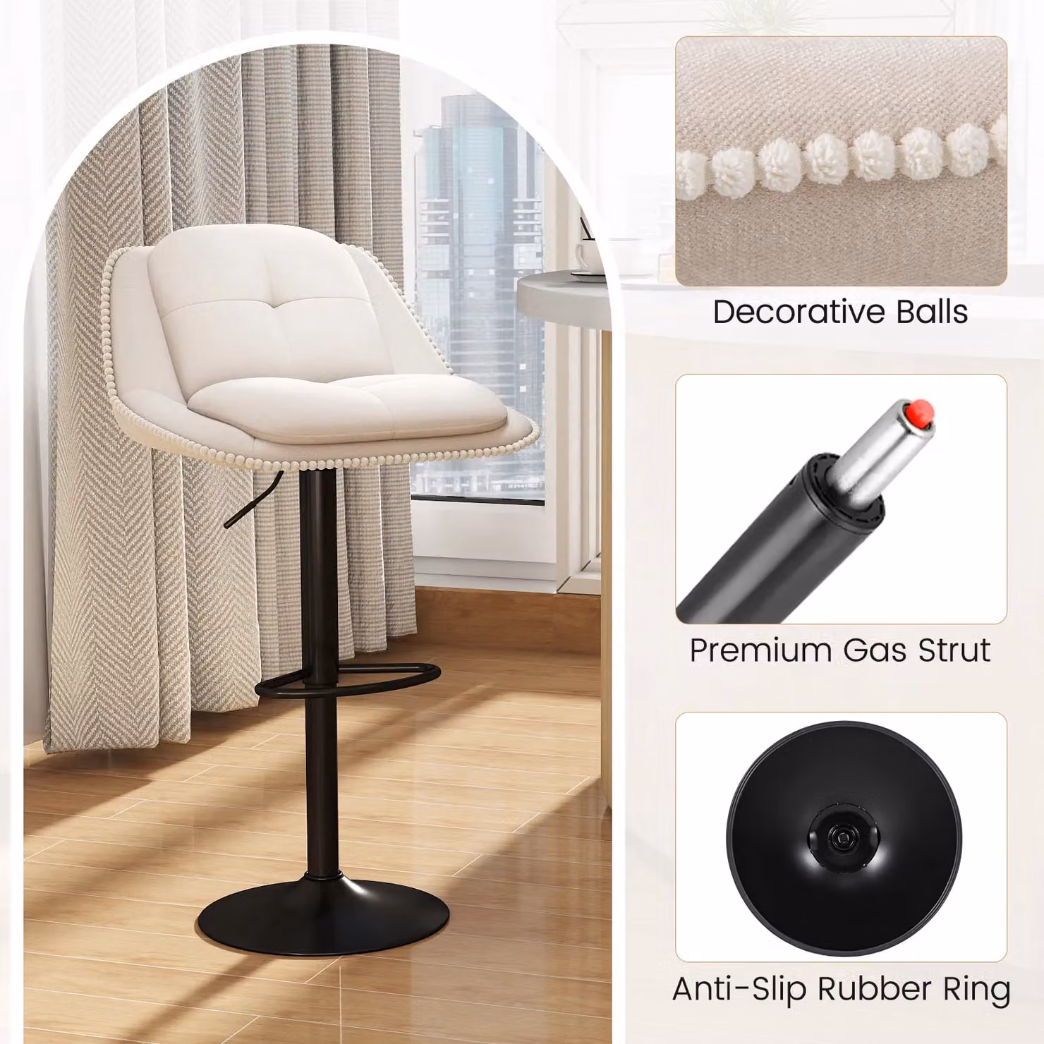 Gymax 2-Pack Modern Adjustable Chenille Upholstered Bar Stools in Beige with Swivel Metal Frame – 5