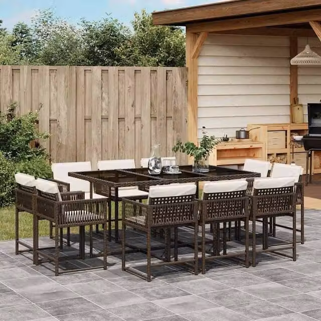 Berkfield Home Modern Polyrattan Garden Dining Set in Brown and White with Glass Top