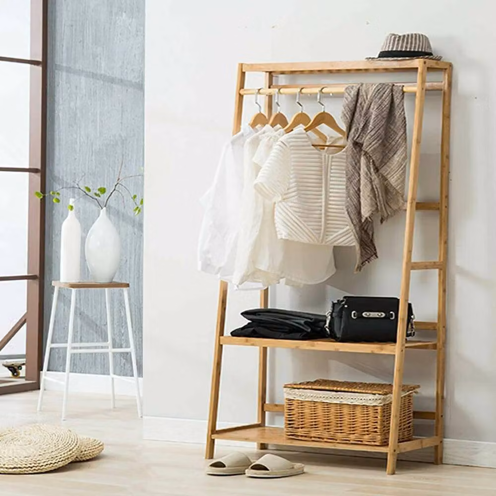 Havendro Bamboo Garment Rack with Shelf and Shoe Storage in Sand, H 165 x W 43.5 x D 80 cm – 3
