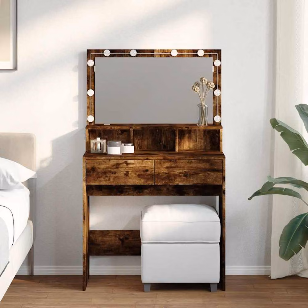 Berkfield Home Beautiful LED Dressing Table in Smoked Oak Brown, W: 80 cm, D: 41 cm, H: 134.5 cm – 2