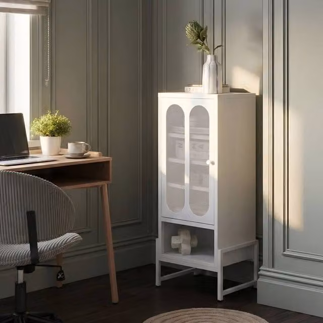 Wyld and Coco White Steel Sideboard with One Oval Perforated Door and Open Shelf