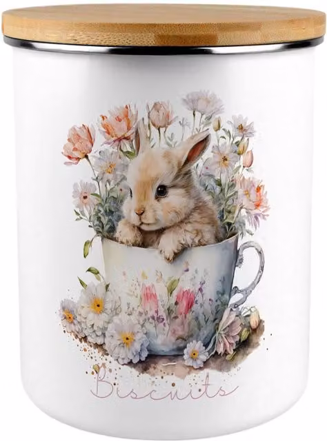 Purely Home Teacup Bunny Extra Large Metal Biscuit Tin in Pink and White Floral Enamel