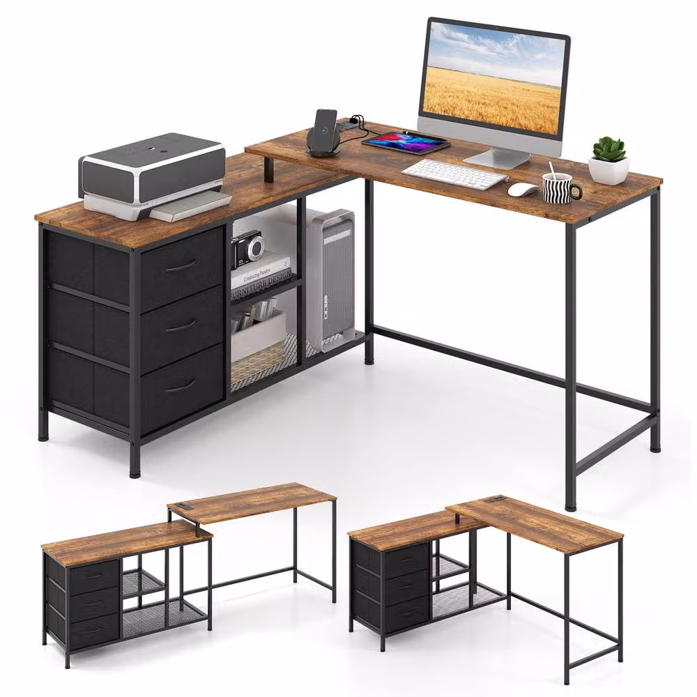 Costway L-Shaped Corner Computer Desk with 3 Drawers in Brown Industrial Style – 4