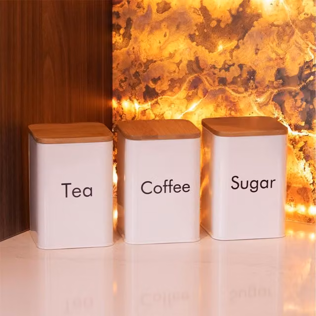Maison & White 3 Piece Airtight Kitchen Canister Set in Beige and White with Bamboo and Metal Lids