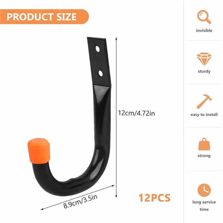 SPETLEK 12x Heavy Duty J Shape Universal Garage Storage Wall Hooks in Black Metal