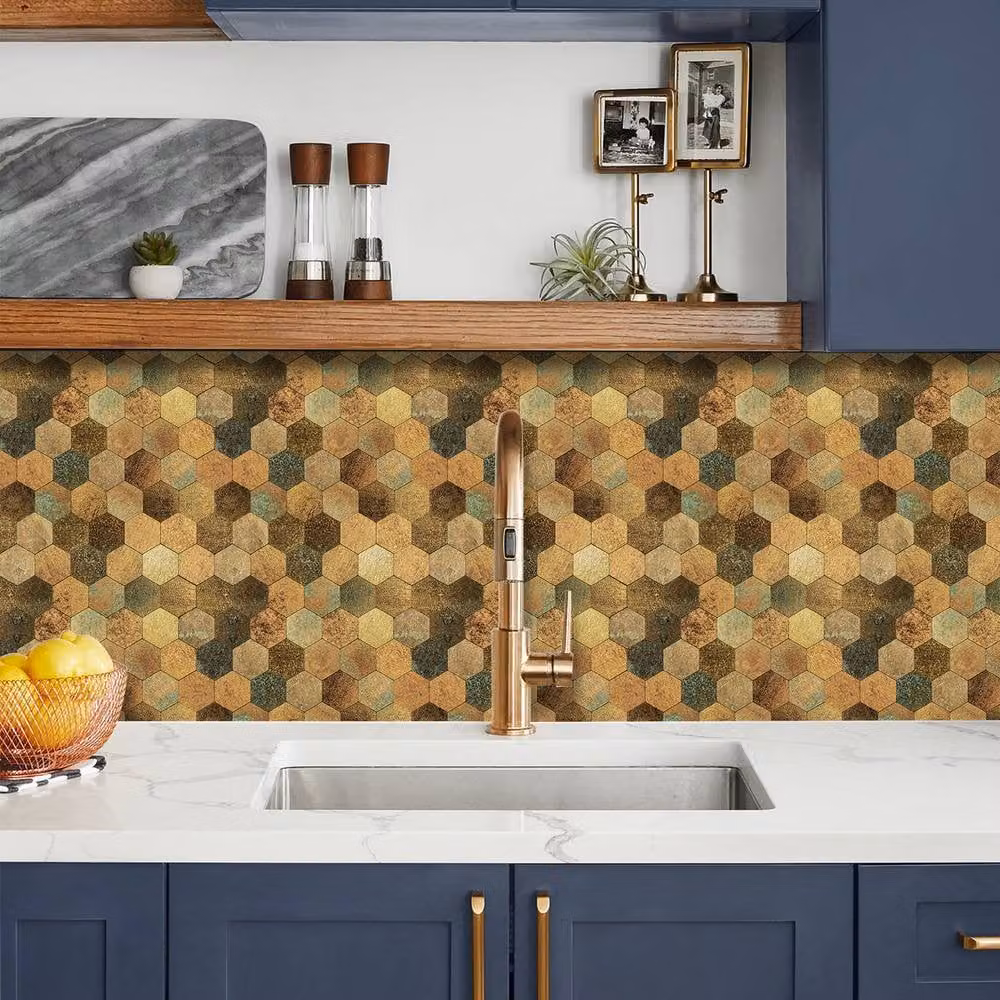 ENER-J Britwall Hexagon Aluminium Mosaic Peel & Stick Wall Tiles, Mixed Bronze, Pack of 4, W: 29.3 cm x H: 28.5 cm – 5