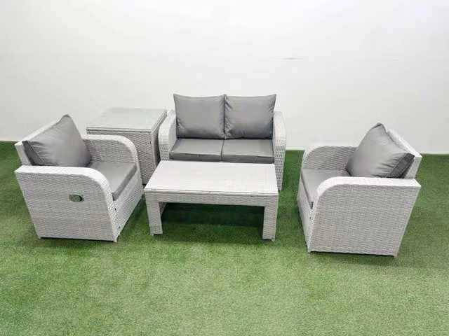 Fimous 4 Seater Grey PE Wicker Rattan Garden Furniture Set with Reclining Adjustable Chairs, Oblong Coffee Table and Side Table