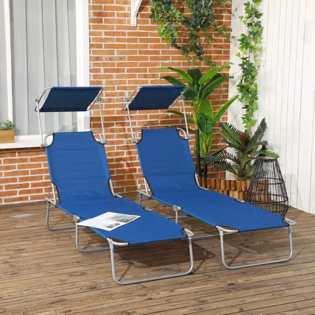 Outsunny Set of 2 Blue Foldable Reclining Sun Loungers with Adjustable Awning