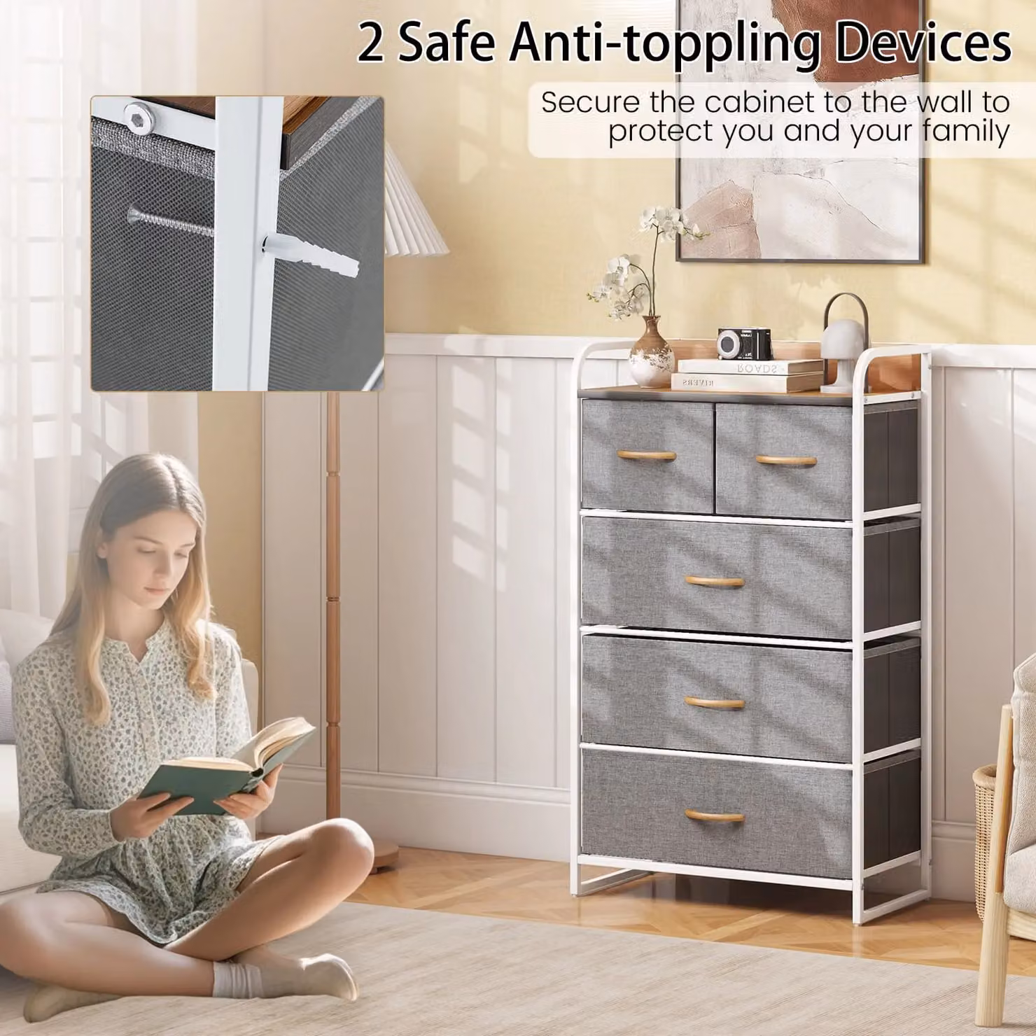 Gymax 5-Drawer Chest of Drawers with Wooden Top in Grey – 3