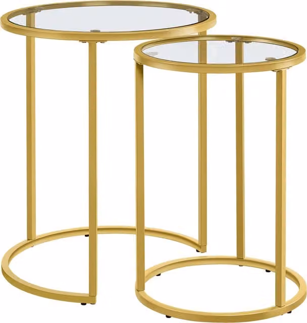 Yaheetech Modern Round Nested End Table Set with Glass Top and Matt Gold Metal Frame