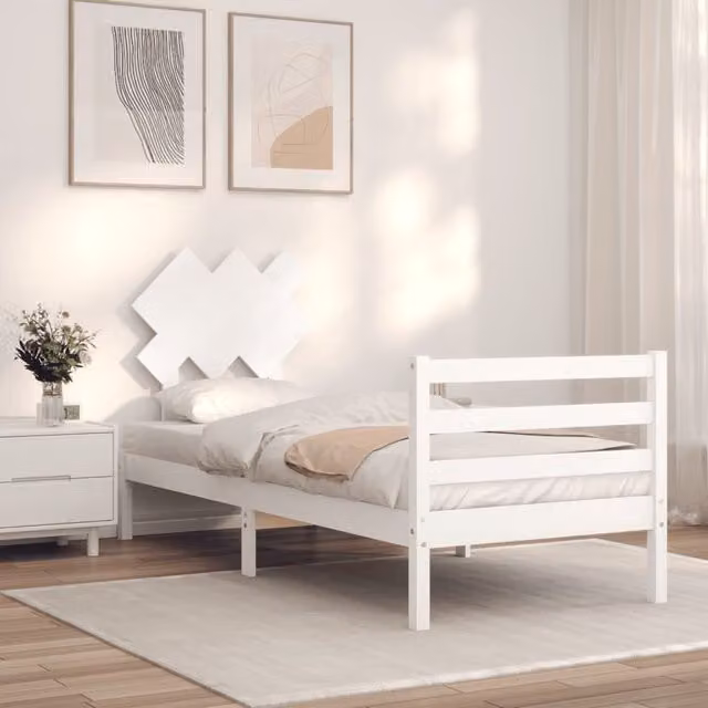 Berkfield Home Single Solid Pine Wood Bed Frame with Headboard in White – 1