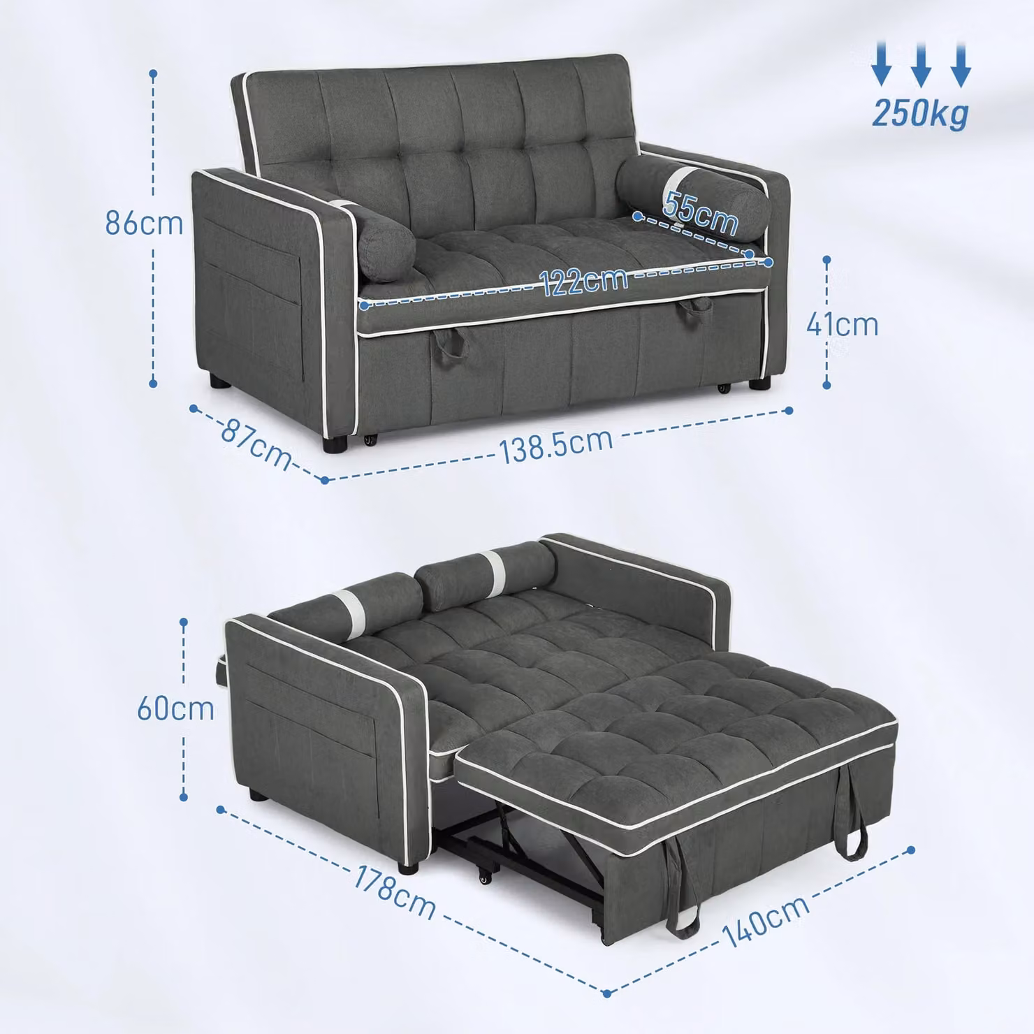 HOMCOM 2 Seater Pull Out Sofa Bed with Adjustable Backrest in Dark Grey – 3