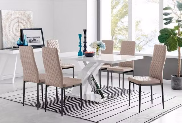 FurnitureboxUK Atlanta 6 White Dining Table and 6 Milan Black Leg Chairs in Cappuccino