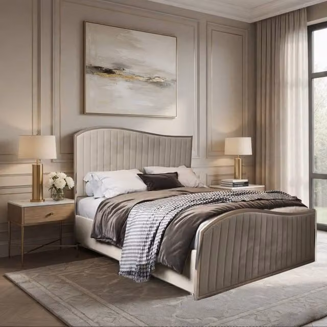 KDMD Hurstpierpoint Small Double Designer Bed Frame in Cream Beige Soft Velvet and Metal – 1