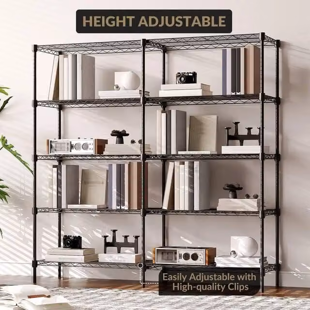 VOGREX 5-Tier Heavy Duty Metal Shelving Unit in Matt Black with Adjustable Shelves – 1