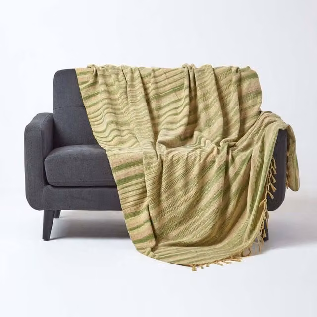 Homescapes Woven Cotton Chenille Boho Throw in Green, Beige and Orange, 200 cm