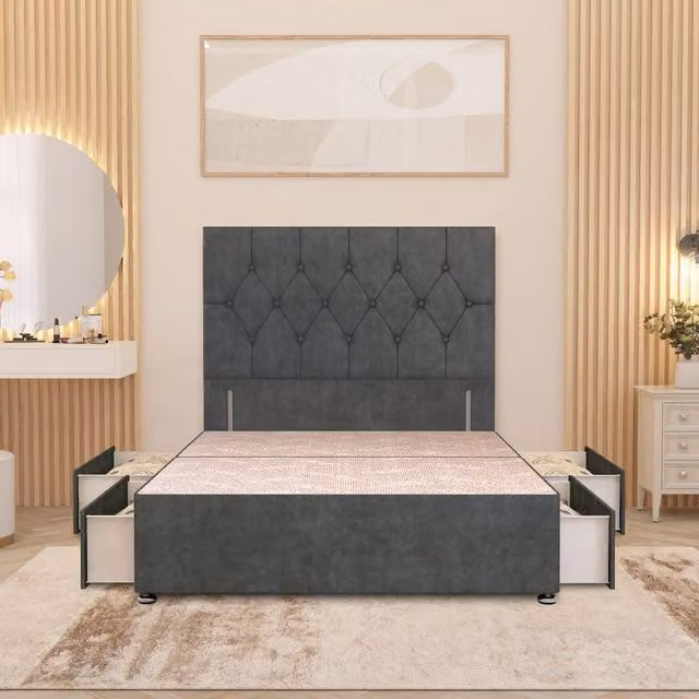Somnior Beds Ltd Chesterfield Velvet Divan Bed Base with Drawers in Anthracite Grey, W/D/H: 200 x 200 cm