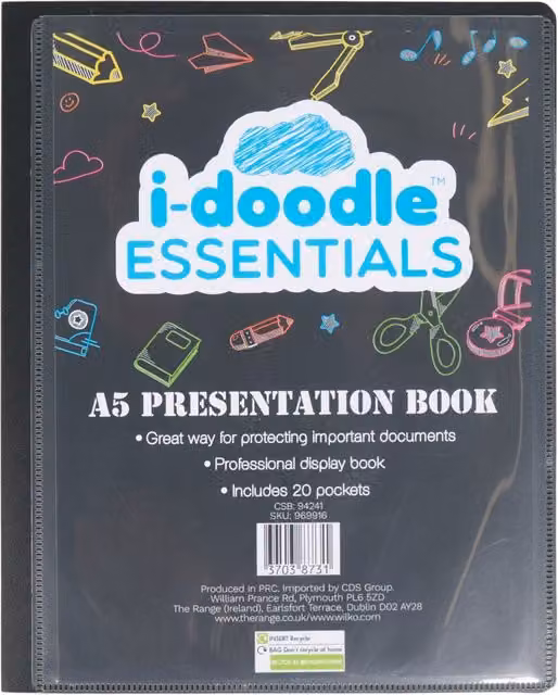 i-doodle A5 Black Plastic Display Book with Transparent Sleeves
