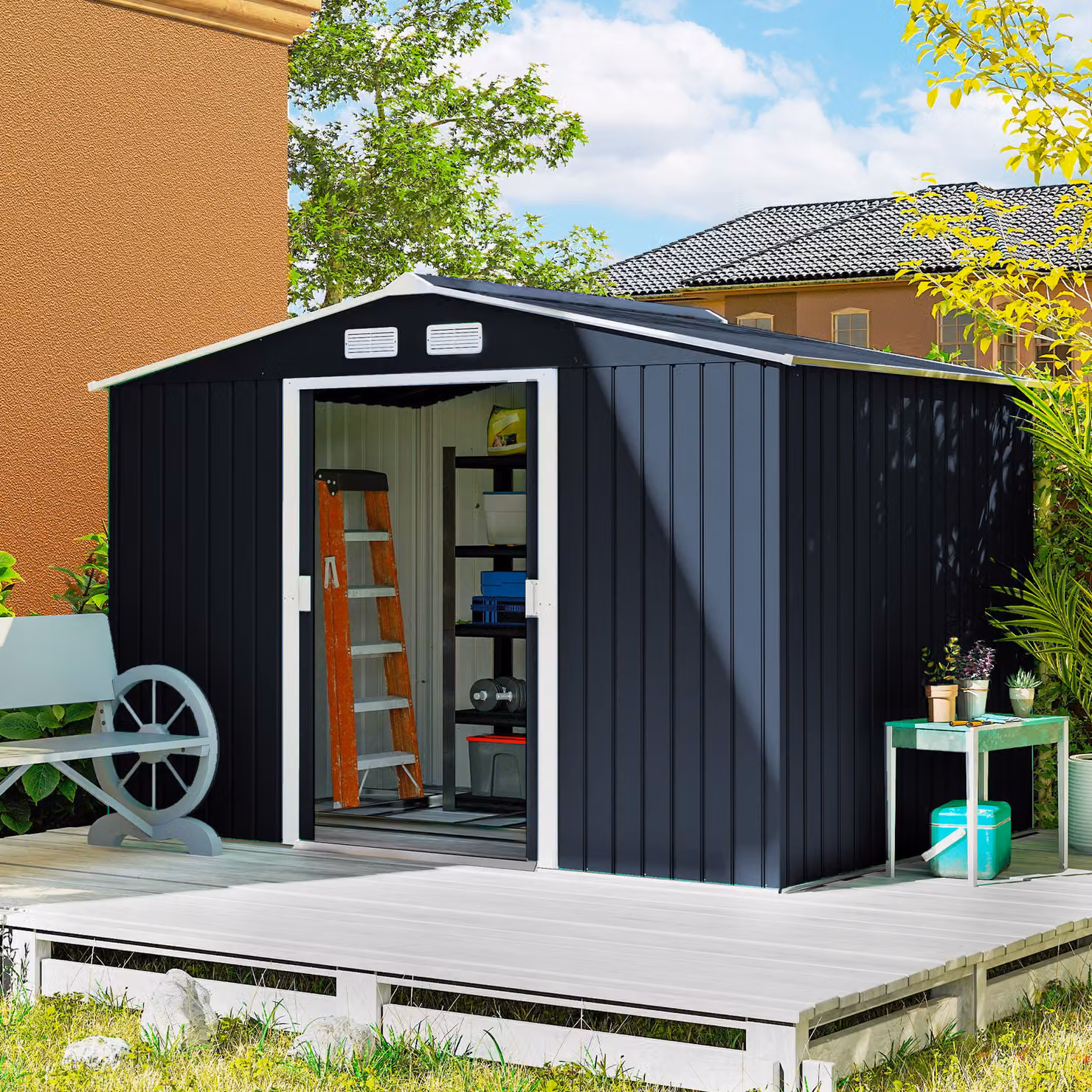 Outsunny Metal Bicycle Shed in Dark Grey with Foundation Ventilation and Doors – 2