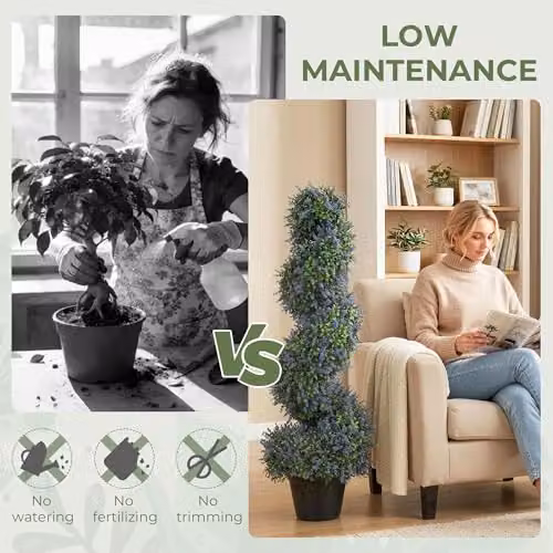HOMCOM Set of 2 Artificial Lavender Spiral Topiary Trees in Pots, Purple, Height: 90 cm – 4