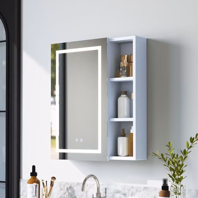 Livingandhome Modern Wall Mounted Bathroom Mirror Cabinet with LED Lighting, Anti-Fog Function and Sensor Switch in White and Silver