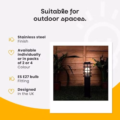 MiniSun Set of 4 Modern Black Stainless Steel Garden Bollard Light Posts with 4W Warm White LED Bulbs – 3