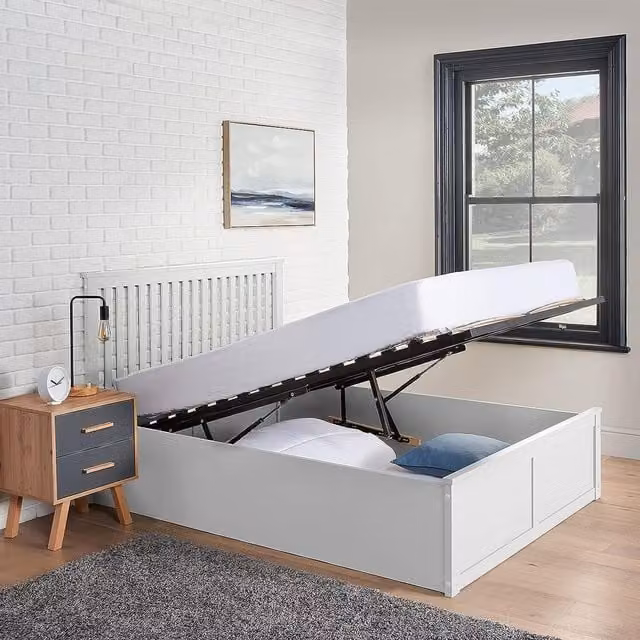 Home Treats Solid Wood Ottoman Bed with Storage in White or Grey, W/D/H: 180 x 200 cm