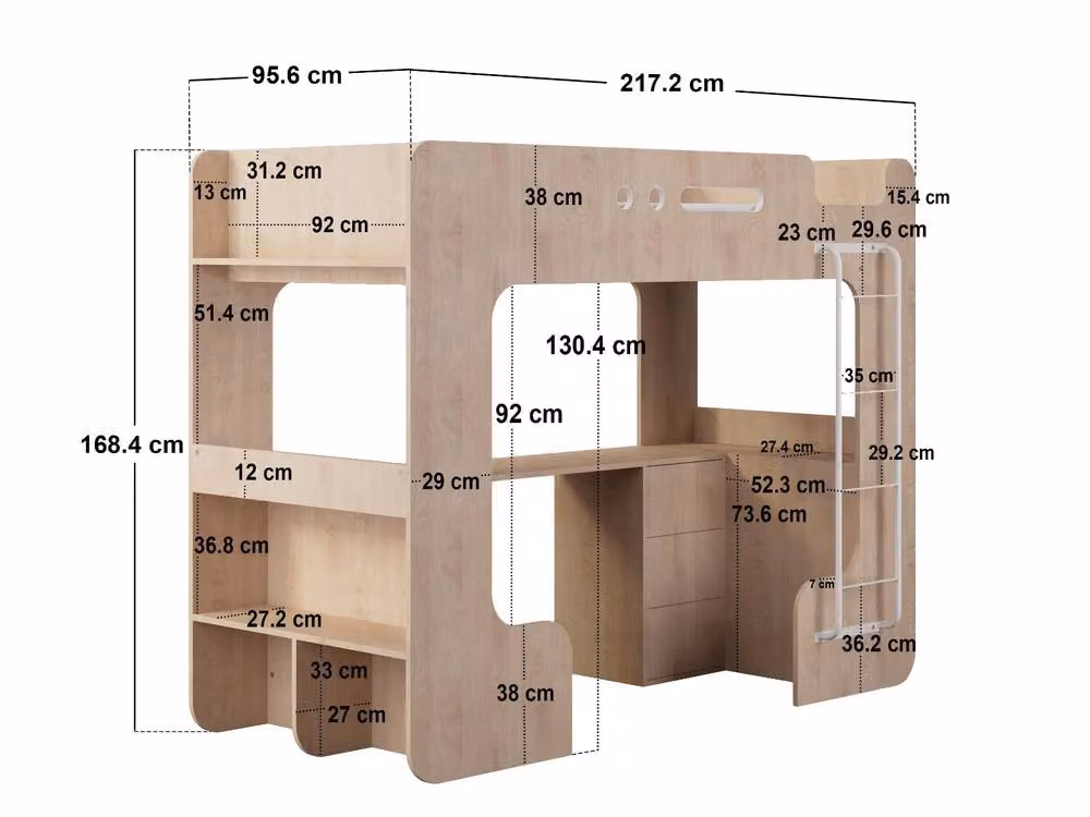 Flair Jaxx Single High Sleeper with Desk and Drawers in Light Oak – 3