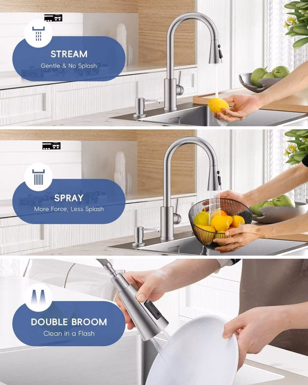 JANLEMNY Brushed Steel Pull-Out Spray Kitchen Mixer Tap with 3-Mode Head in Silver – 3