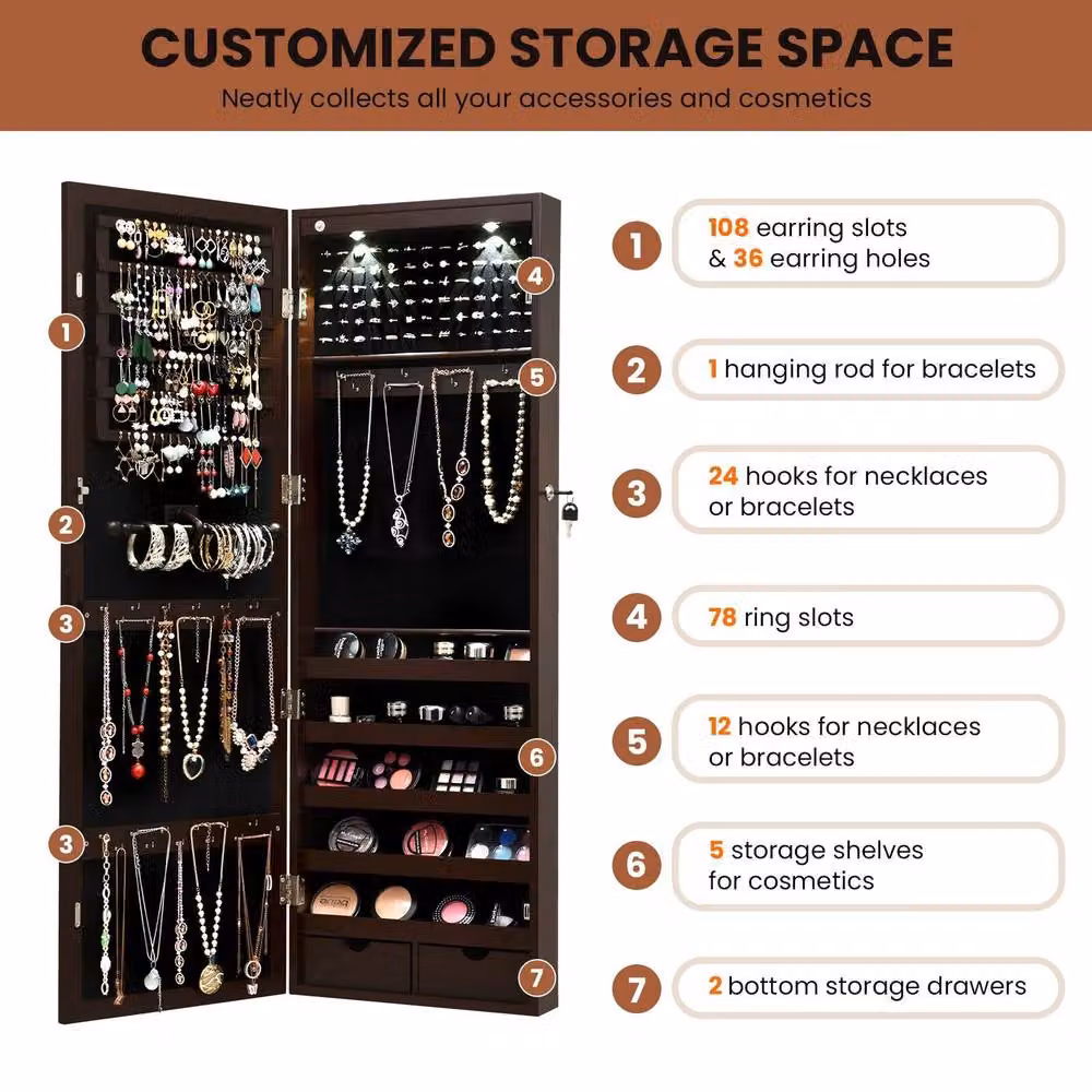 Costway 2-in-1 Wall Mounted Mirror Jewelry Cabinet and Armoire with LED Lighting in Brown – 5