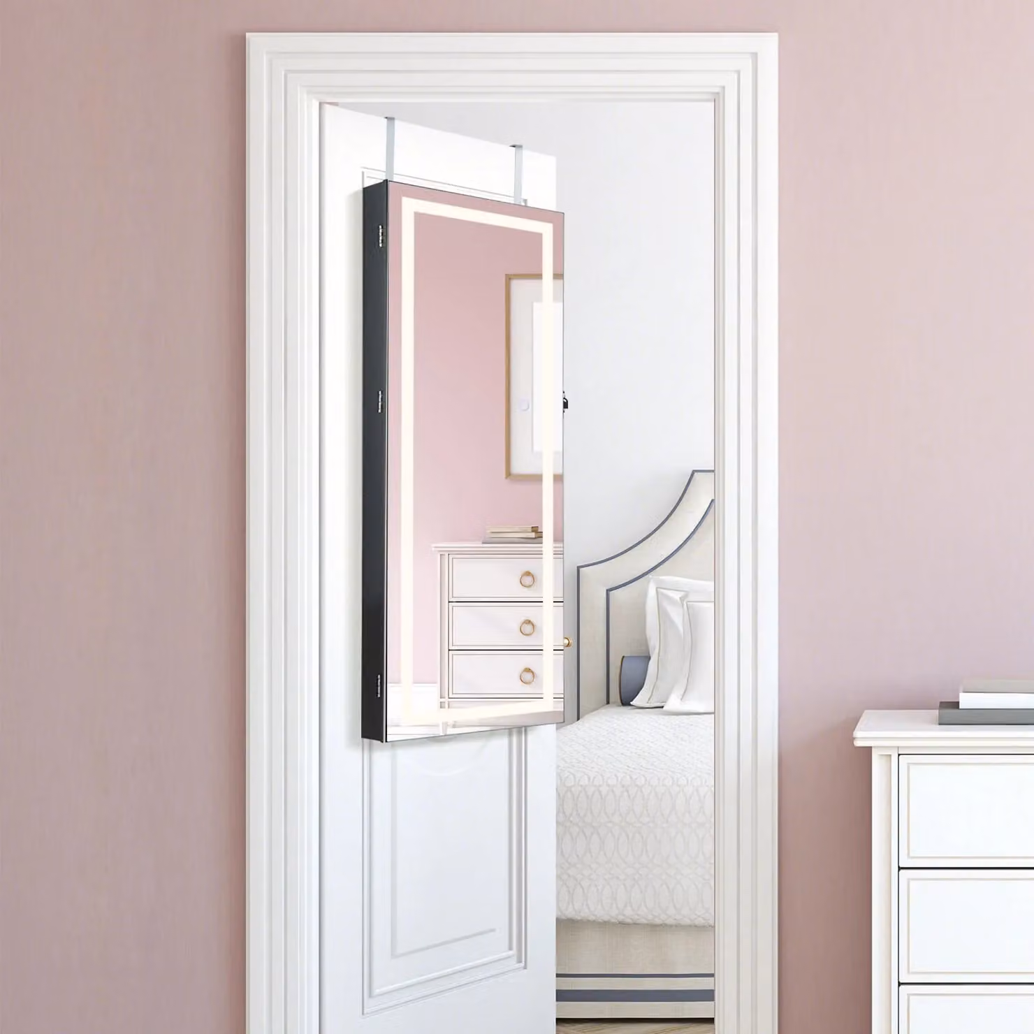 Gymax Lockable Jewellery Mirror Cabinet with 3-Colour LED Light, Black, Height: 108 cm – 3