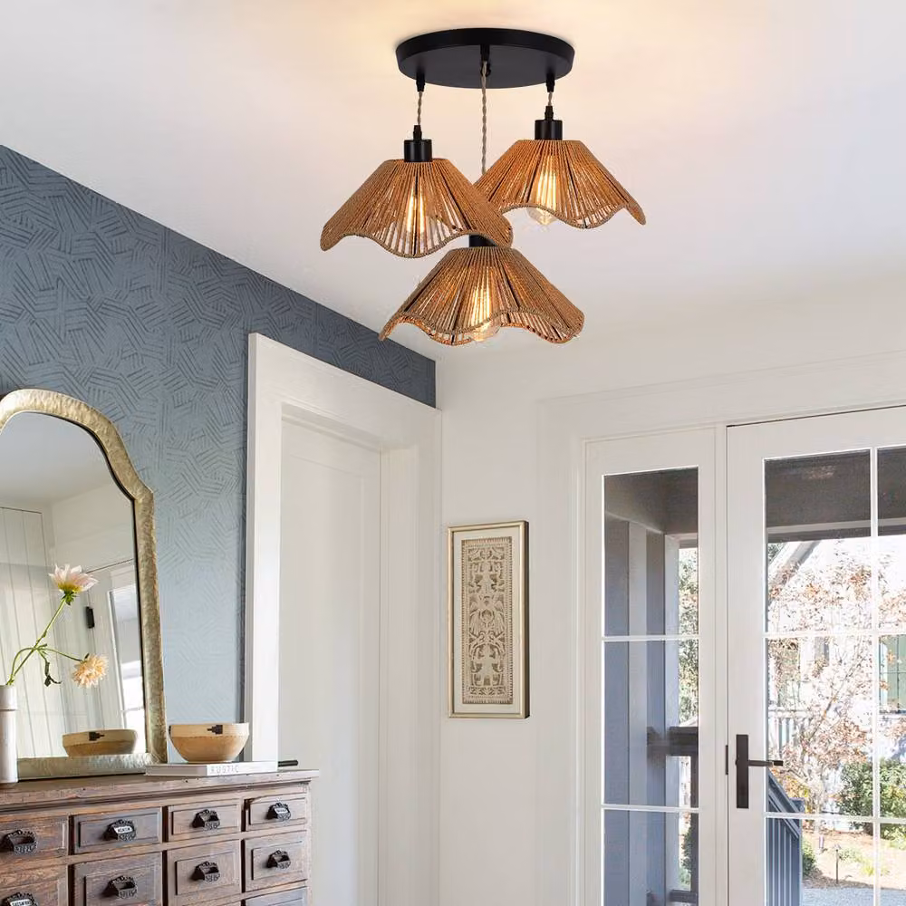 NIVOR 3 Light Boho Rattan and Metal Farmhouse Pendant Chandelier in Brown – 3
