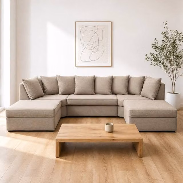 Abakus Direct Verona U-shape Corner Sofa in Brown Linen Fabric with Matching Ottoman and Scatter Cushions – 1