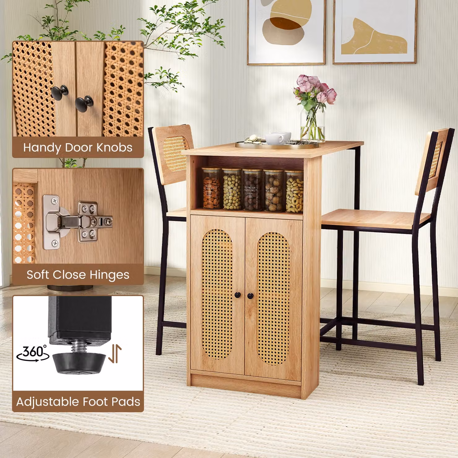 Gymax 3 Piece Bar Table Set with 2 Bar Stools and Cabinet in Beige – 4