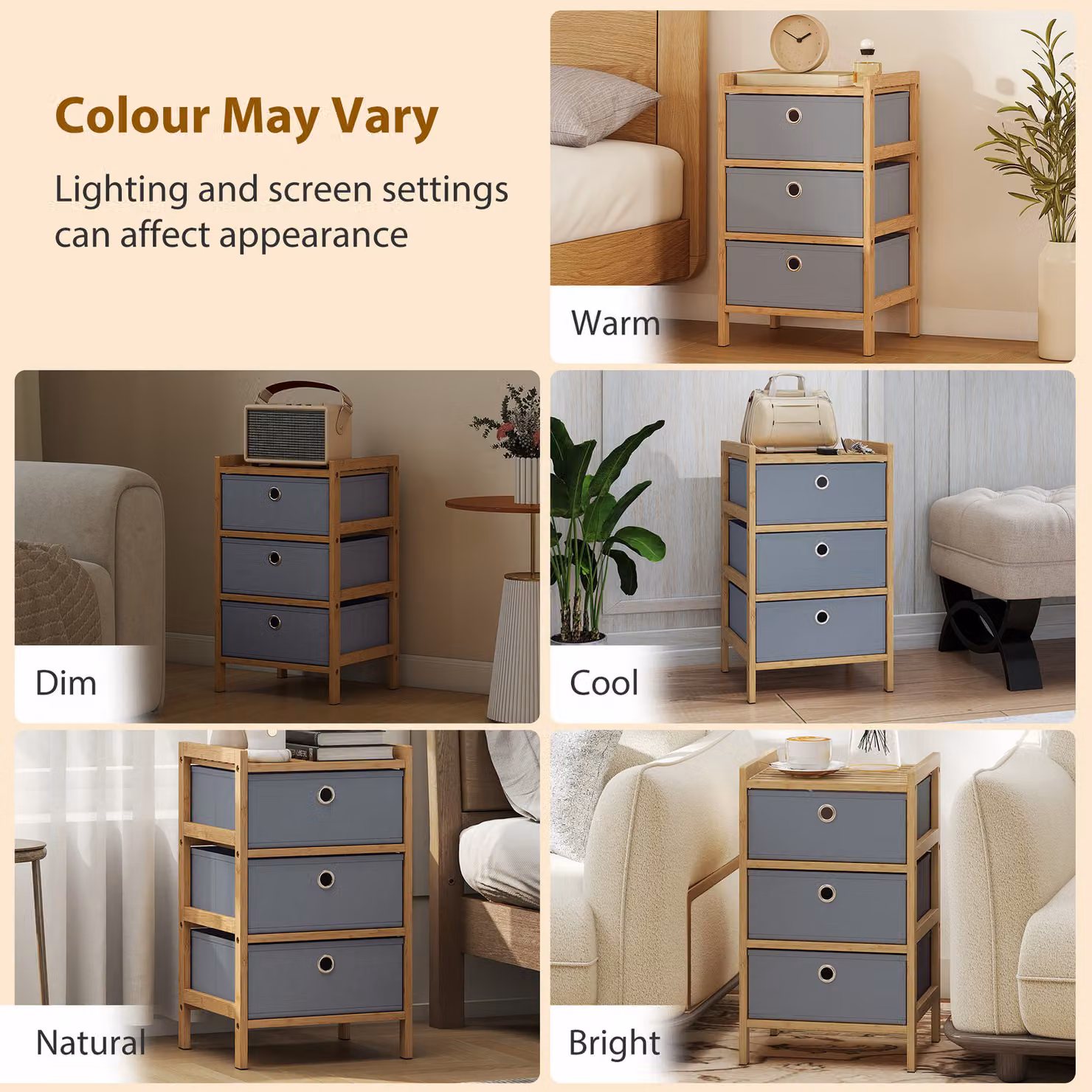 HOMCOM Narrow Chest of Drawers with 3 Fabric Drawers and Bamboo Frame, Light Grey – 6