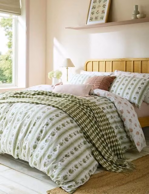 Laura Ashley Pensham Striped Reversible Bedding Set, Green Mix, 180 x 200 cm, Pure Cotton