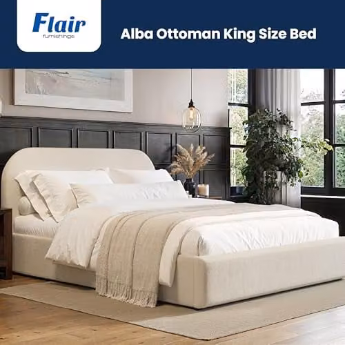 Flair Furnishings Alba Ottoman Bed, King Size Upholstered Bed Frame with Storage and Curved Headboard, Beige Boucle Fabric, W/D/H: 180 x 200 x 165 cm – 2