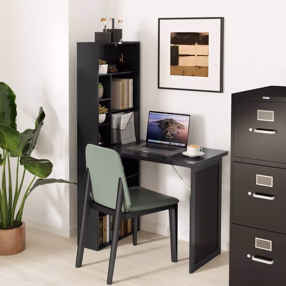 STILVORA Wall-Mounted Folding Desk with Storage and Blackboard in Black – 7