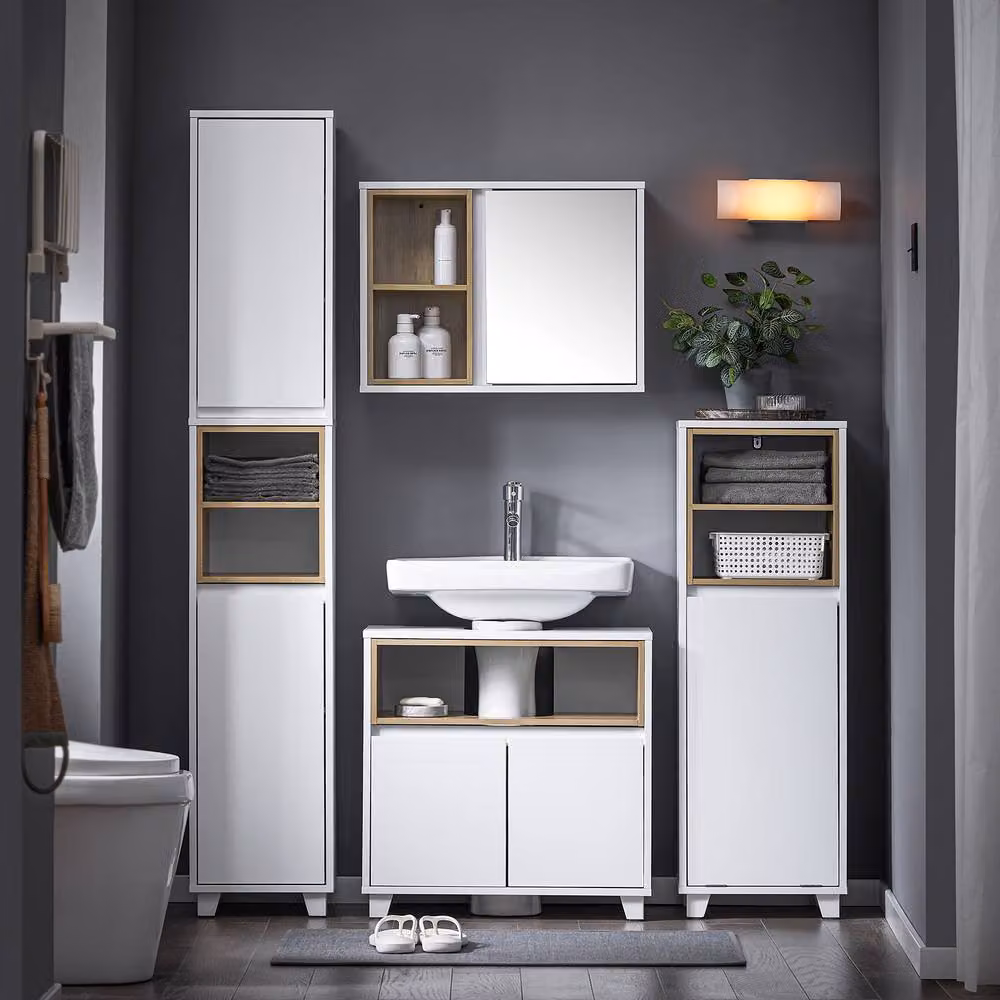 SoBuy Modern White Bathroom Tall Cabinet with Open Shelf and Hinged Doors, H 170 cm x W 30 cm x D 30 cm – 5